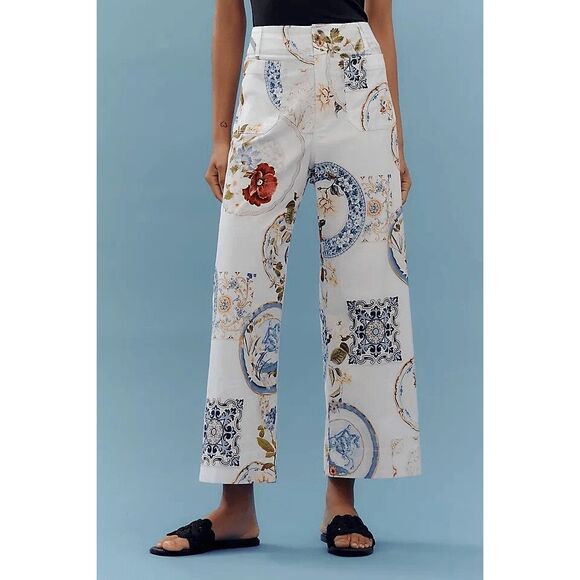 Anthropologie Colette Cropped Wide-Leg Pants Maeve Magic Fabric White Floral 27 - Picture 4 of 5